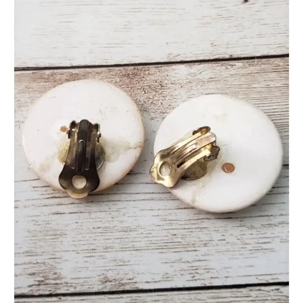 Vintage Clip On Earrings - Large Cream Circle with Yellow Flower